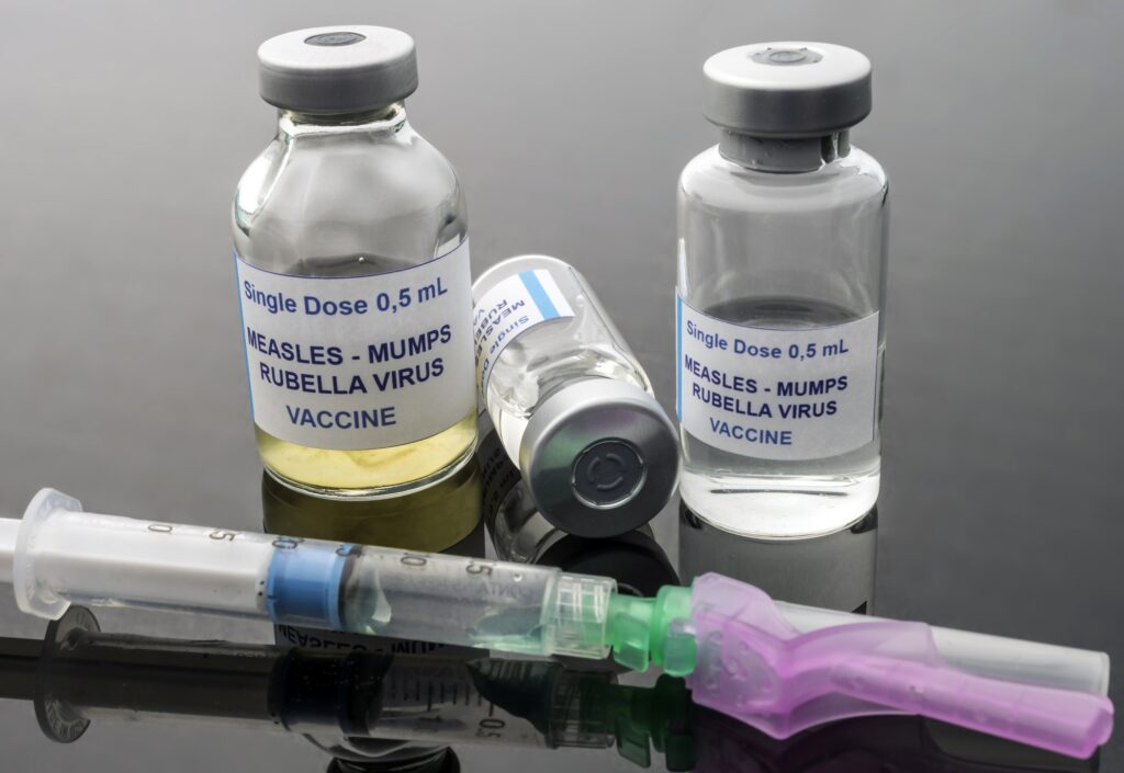 Different vials of triple viral vaccine of measles, rubella and mumps