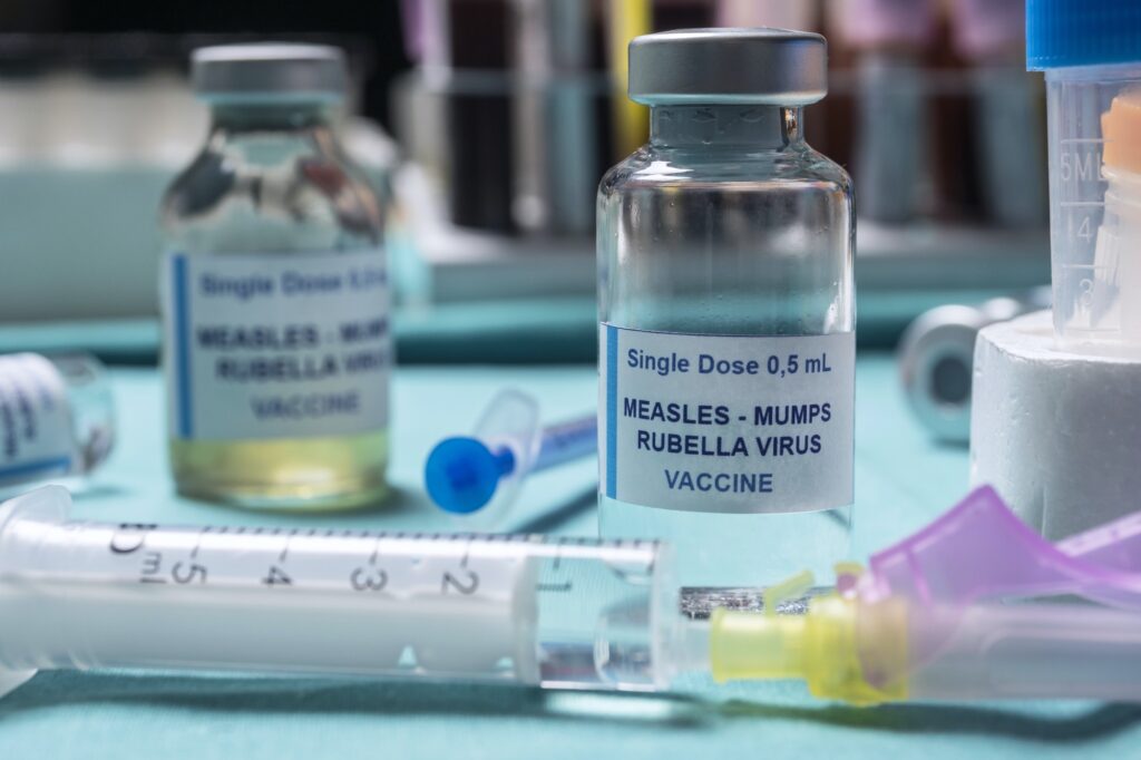 Different vials of triple viral vaccine of measles, rubella and mumps