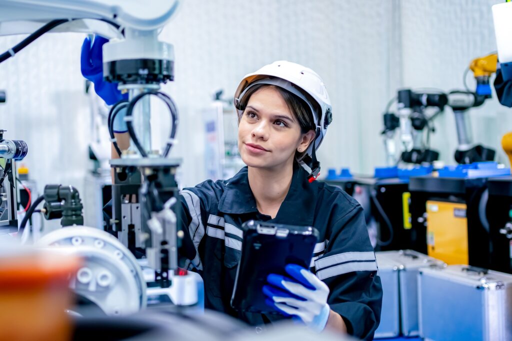 Futuristic robot assistant with artificial intelligence in Lab office.