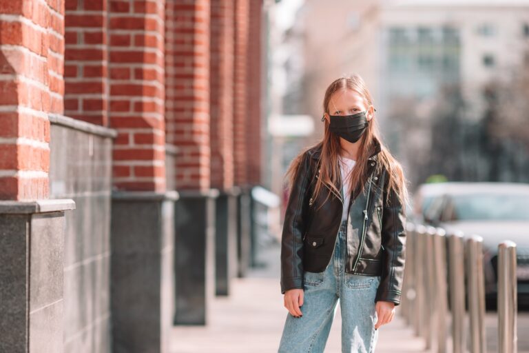 Girl wearing a mask protect against Coronavirus and gripp