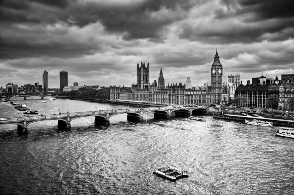 London, the UK. Big Ben, the Palace of Westminster in black and white