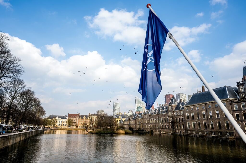 NATO flag in the center of Hague