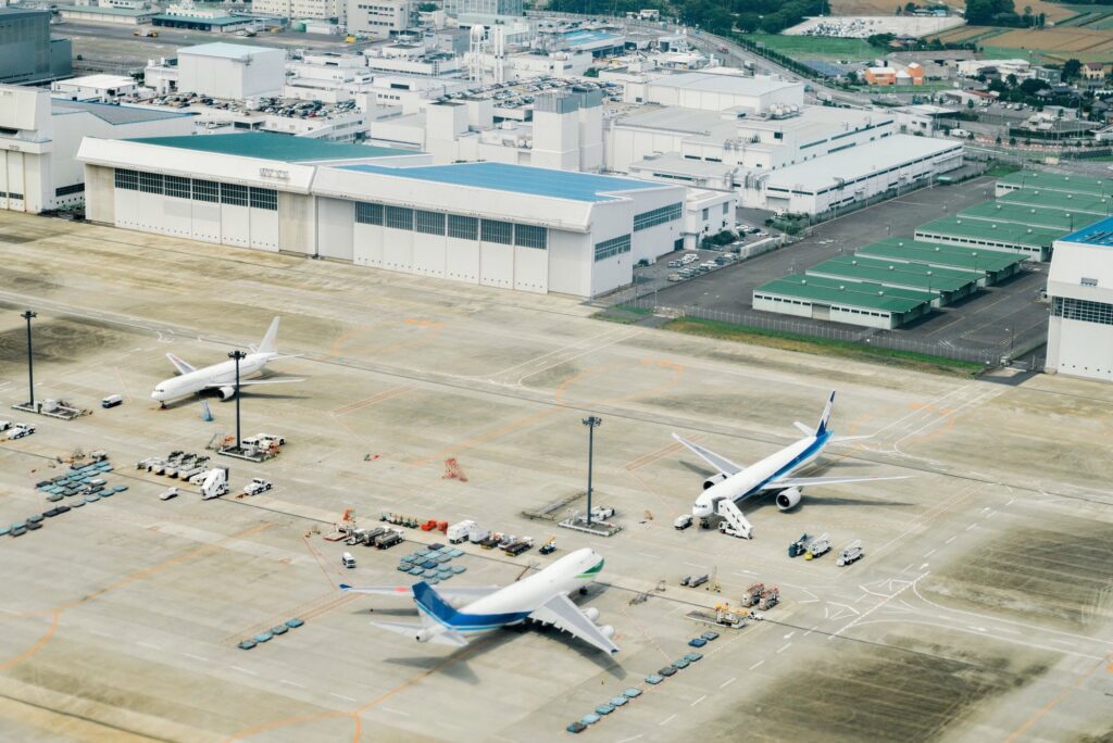 Planes on the ground viewed from above at Narita airport, Tokyo, Japan.