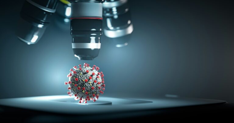 Research on coronavirus Covid-19 under microscope. Covid corona virus cell analysis.