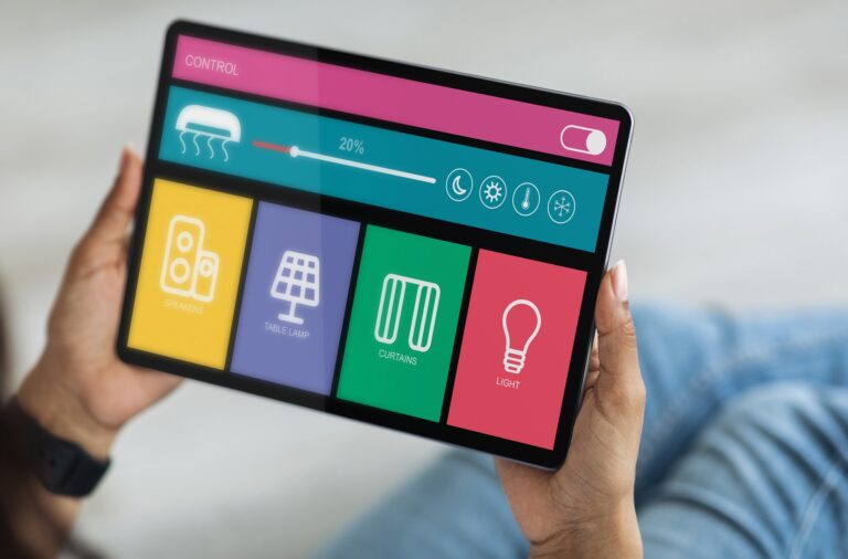 Smart home software on digital tablet screen, closeup