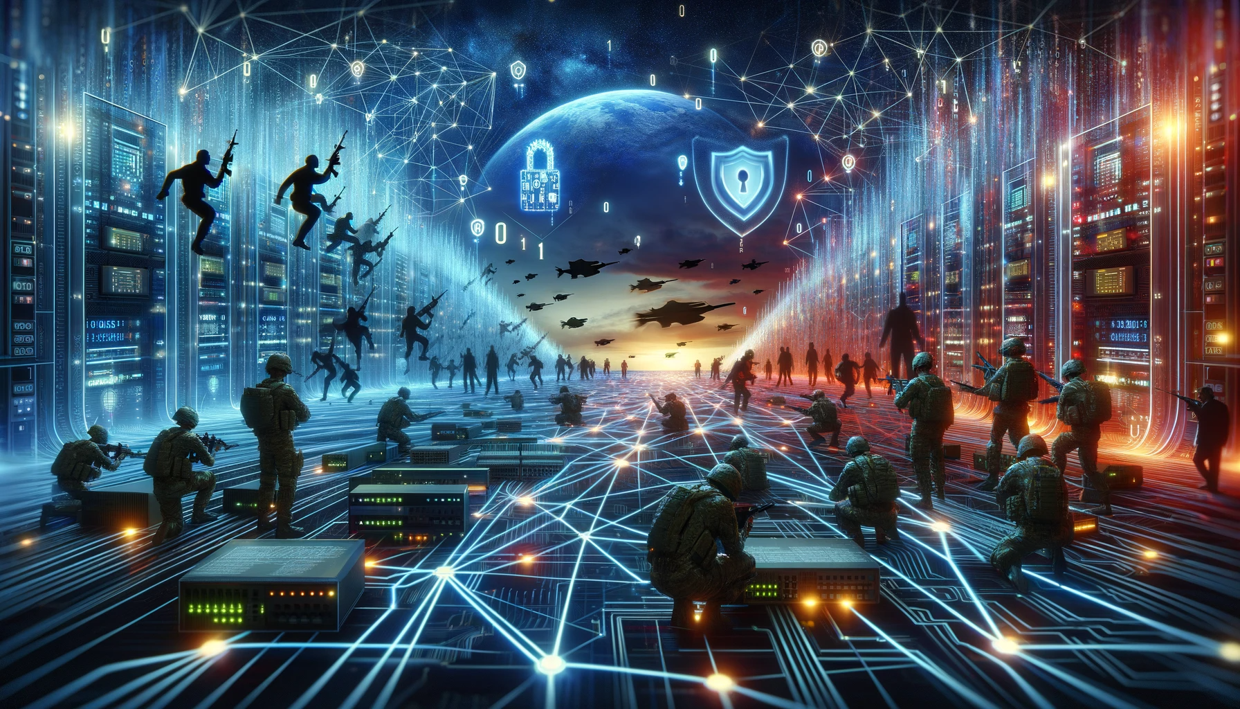 dalle 2024 02 01 093745 a dynamic and engaging landscape featuring a digital battlefield stretching across a vast network of interconnected routers and devices symbolizing t