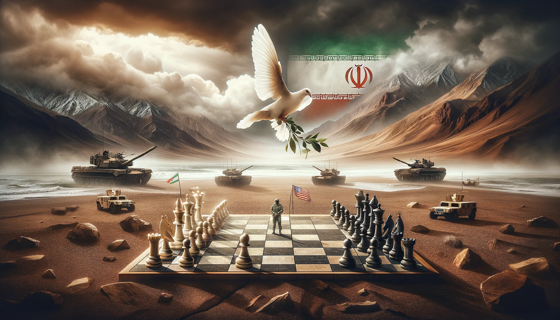 dalle 2024 02 02 100446 create a compelling landscape image that symbolizes the complex dynamics of us iran relations and the theme of reprisal strikes against iranian backed