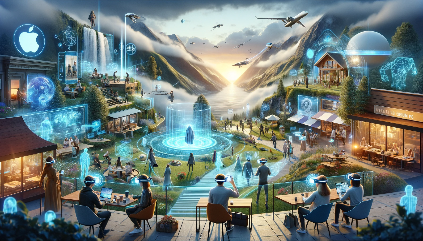 dalle 2024 02 02 114353 a futuristic landscape depicting the integration of apples vision pro into everyday life the scene includes people in various settings like a coffee