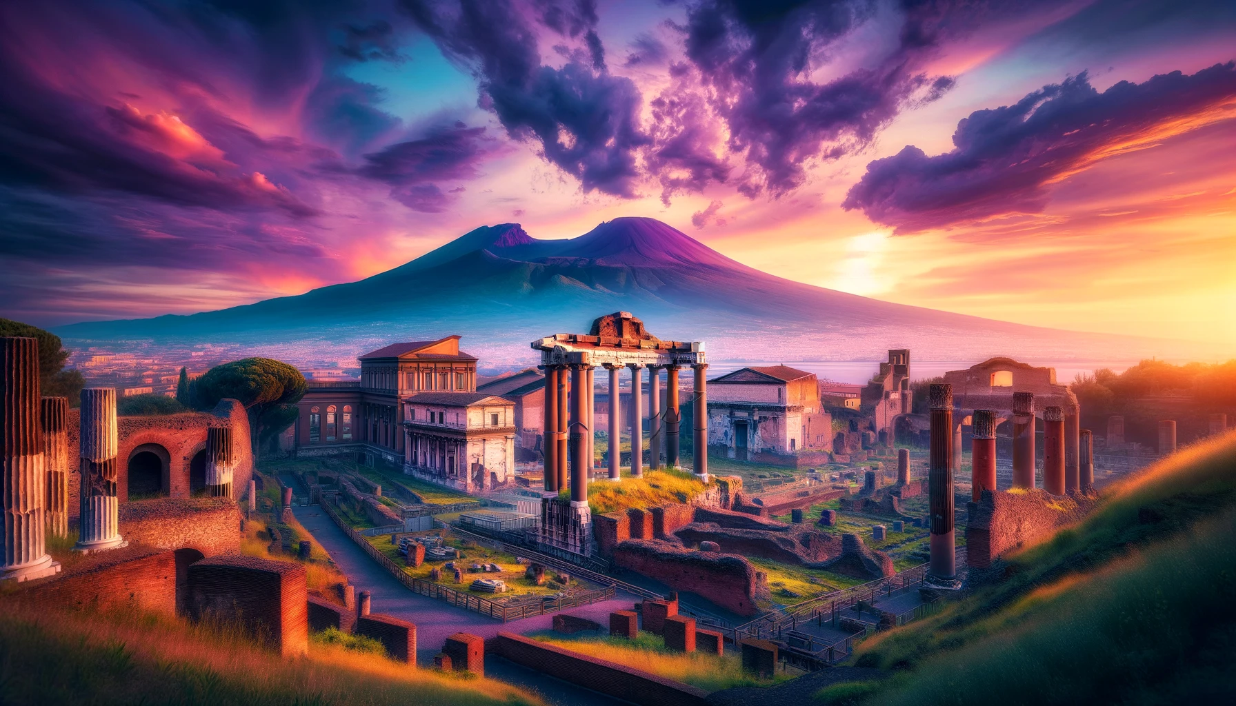 dalle 2024 02 06 102025 a breathtaking landscape showcasing the majestic mount vesuvius in the background with ruins of ancient roman buildings in the foreground under a vib