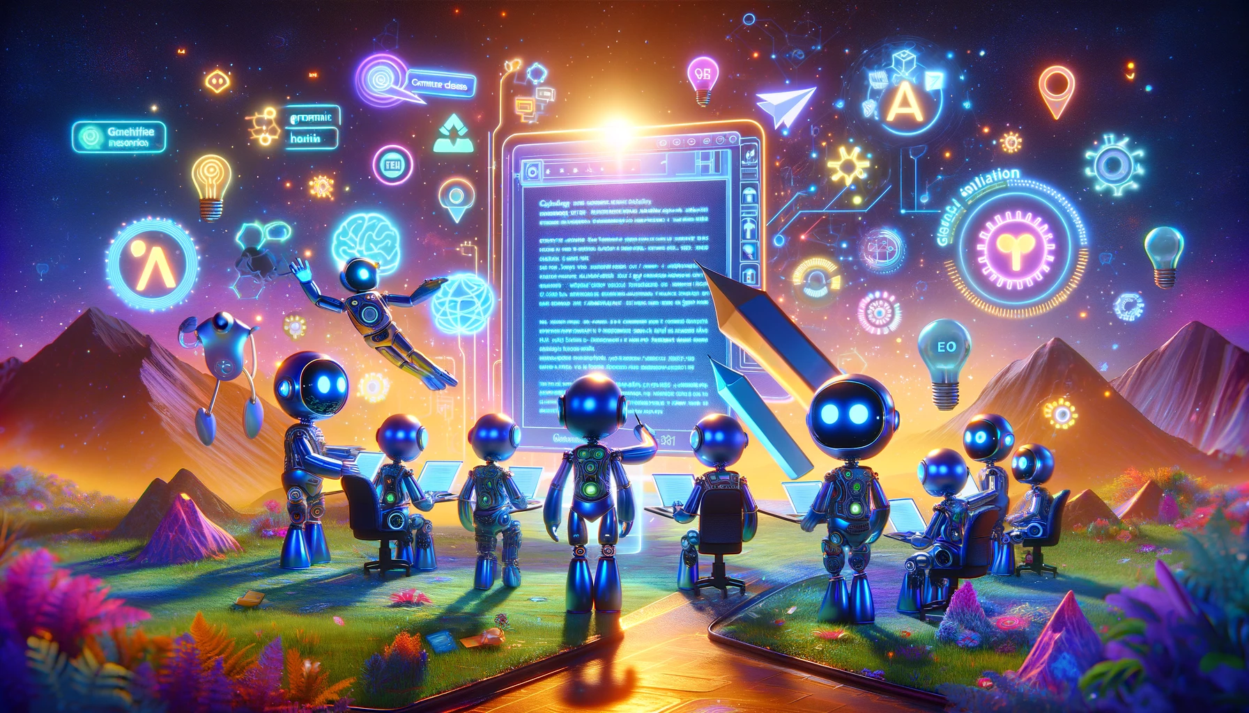 dalle 2024 02 06 135941 a vibrant landscape depicting the future of content creation featuring various ai writing tools as animated characters each with a distinctive look t