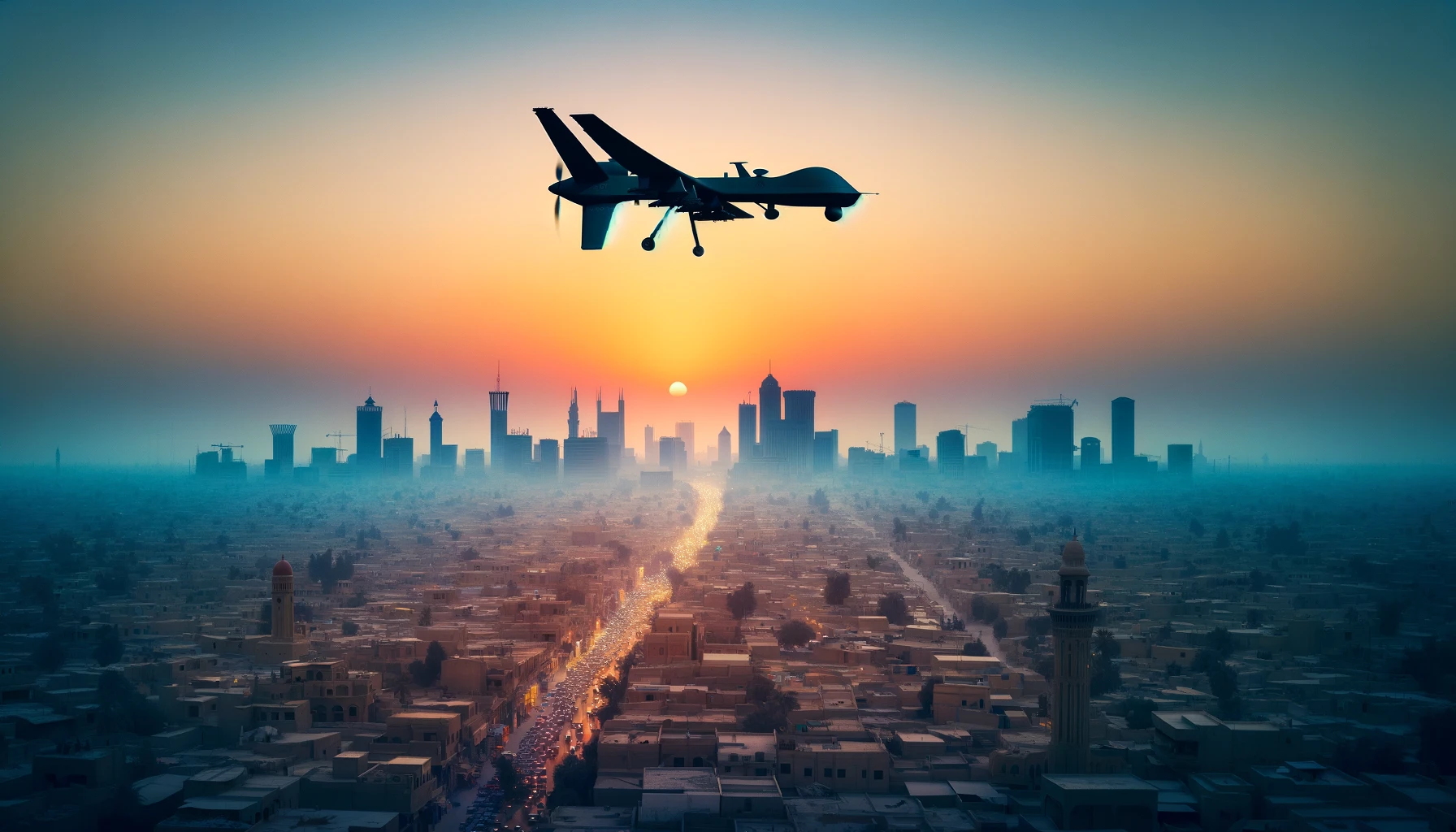 dalle 2024 02 08 104934 create a thought provoking landscape image depicting a serene baghdad skyline at dusk with the shadowy silhouette of a drone hovering in the sky the