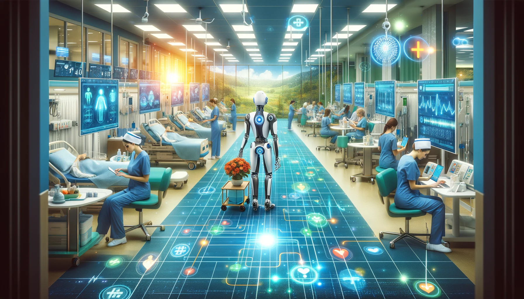 dalle 2024 02 08 110456 create a vibrant engaging landscape image that visually represents the integration of artificial intelligence and healthcare the scene should depict