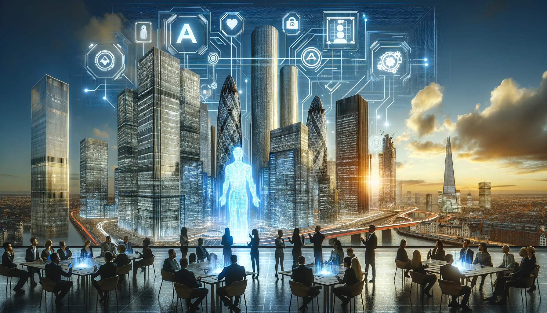 dalle 2024 02 08 111509 a futuristic cityscape with towering sleek skyscrapers under a clear sky symbolizing innovation in the foreground a diverse group of people from v