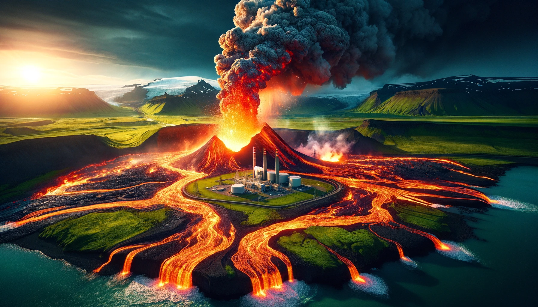 dalle 2024 02 09 121418 create a captivating landscape image showing a dramatic volcanic eruption in iceland the scene unfolds with molten lava flowing towards a power plant
