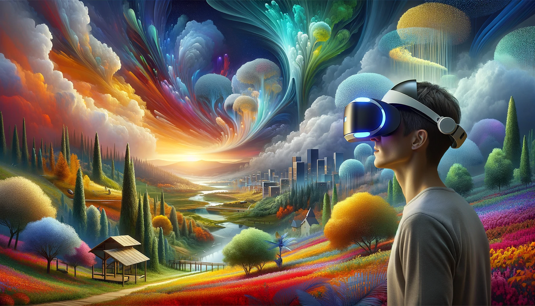 dalle 2024 02 09 122957 a captivating landscape where the boundaries between the digital and the real world blur in the foreground a person wears a sleek futuristic vr hea