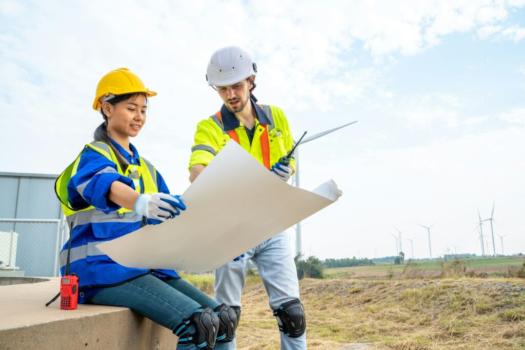 Engineer working at renewable energy farm.