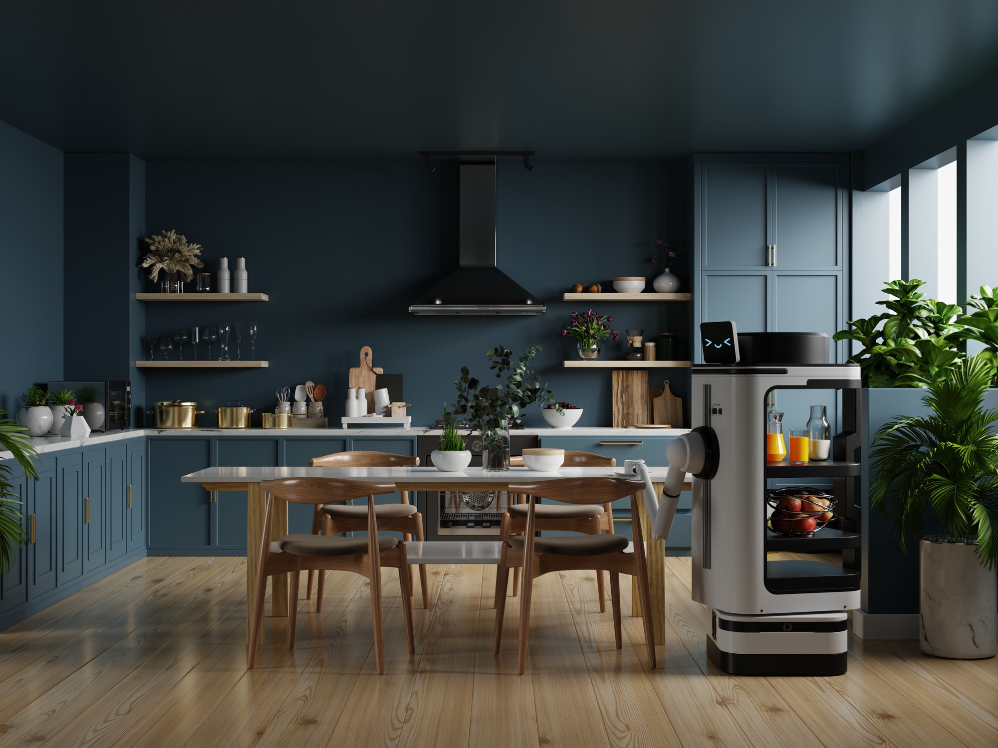 Modern style kitchen interior design with dark blue wall and AI Robotic