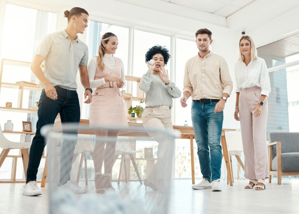 Work, friends and paper game for team building fun and bonding with office garbage in workplace. Ai