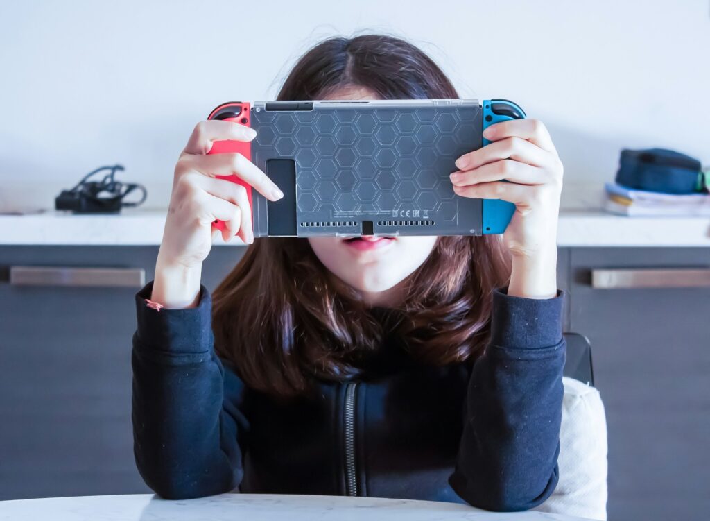 Young girl playing a video game