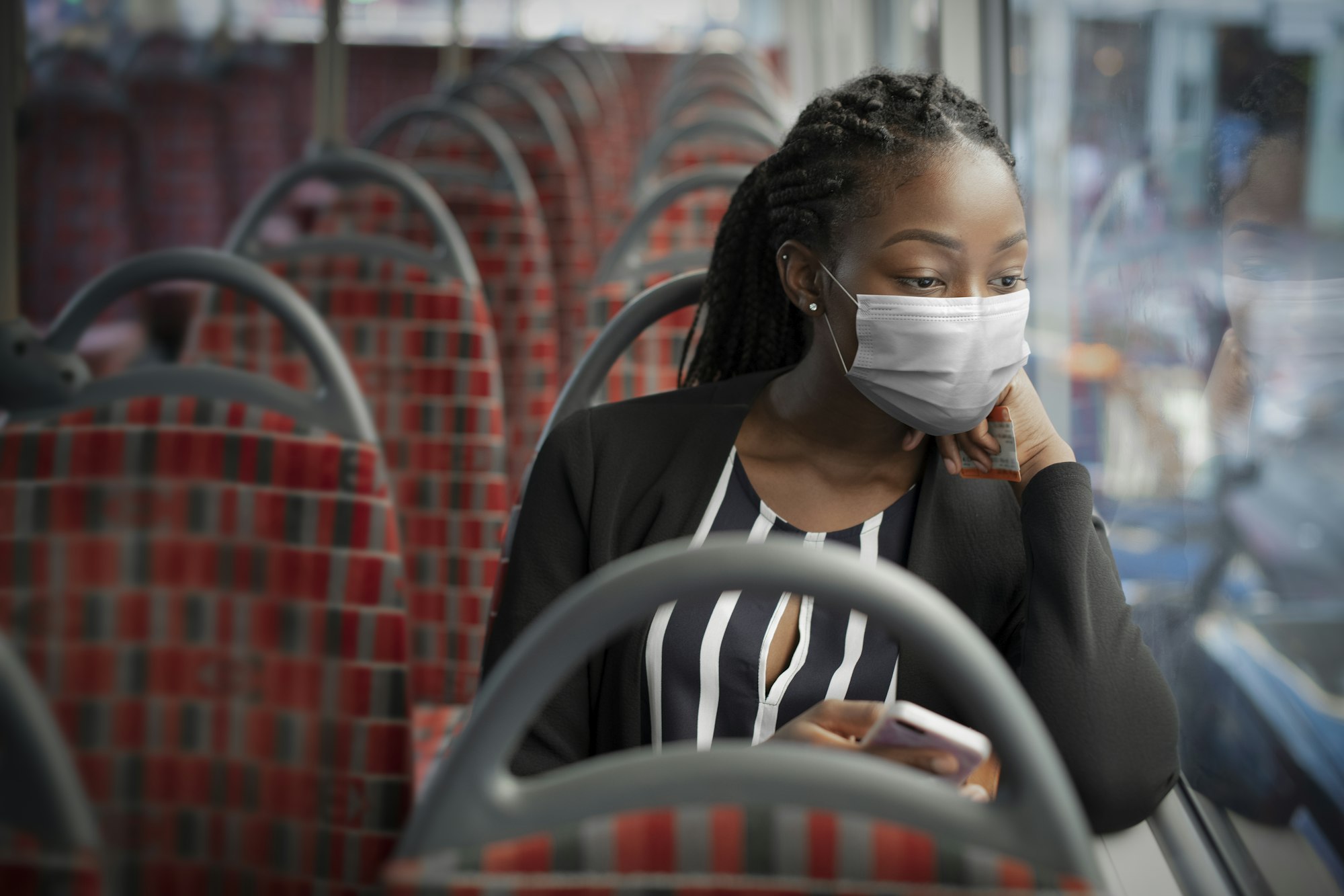 african american woman wearing mask on the bus