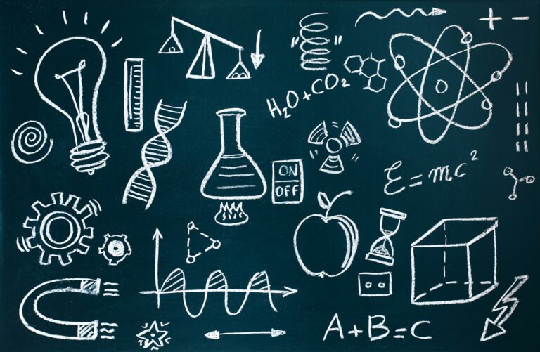 Chemist and mathematical drawings on blackboard background