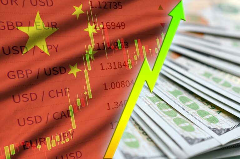 China flag and chart growing US dollar position with a fan of dollar bills