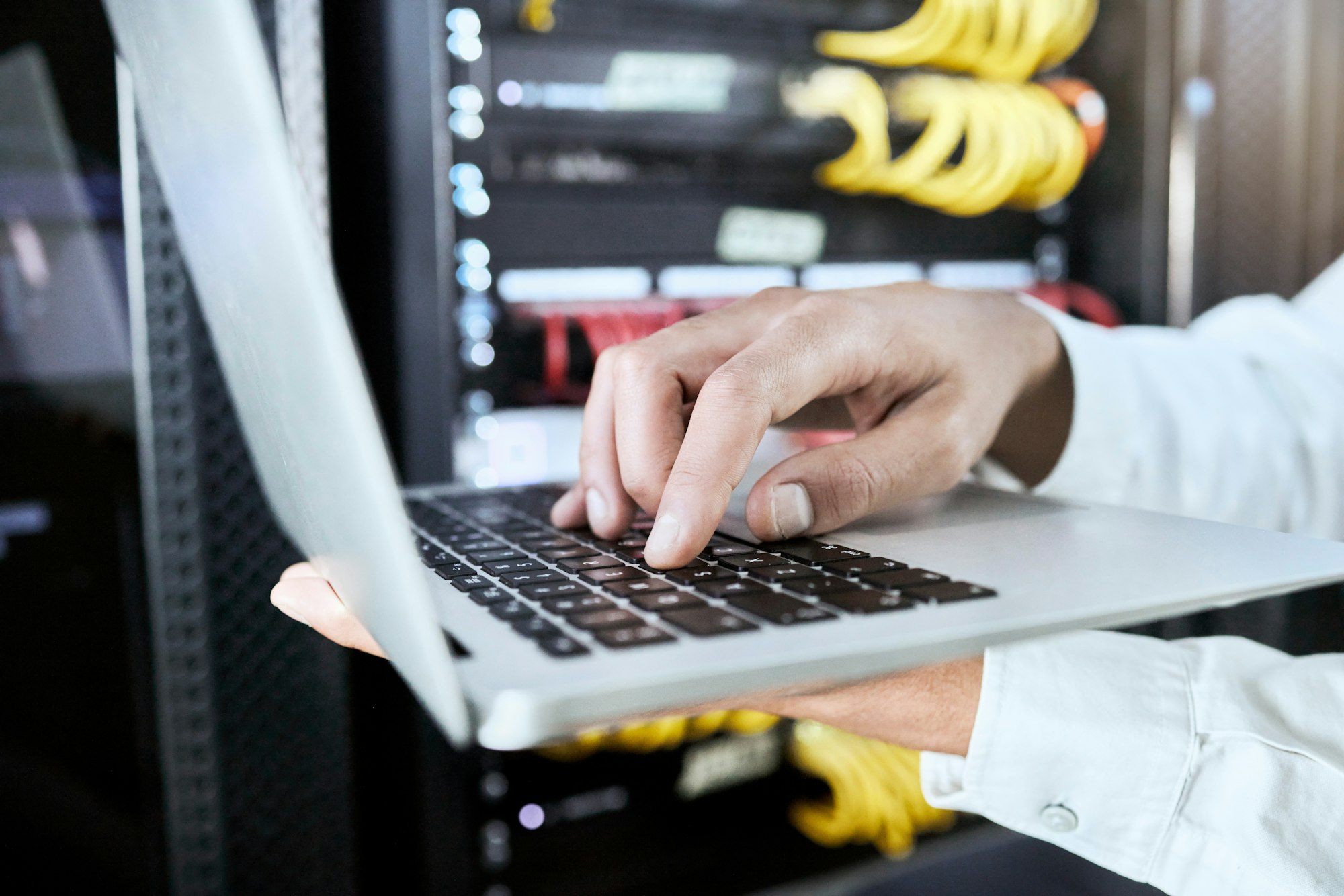 hand laptop or programmer working on software coding programming or 404 error glitch for cybersec