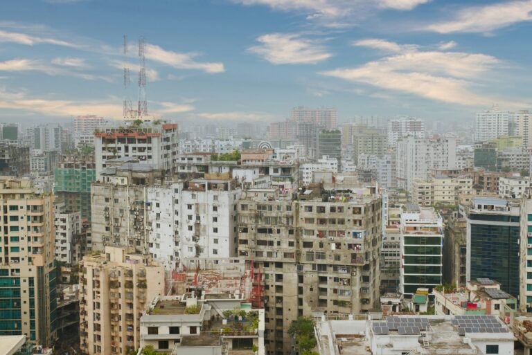 high angle view of dhaka city residential and financial buildings at sunny day