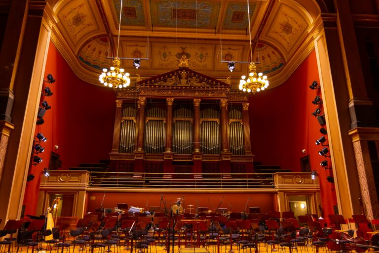 Interior of Rudolfinum Concert Hall. Equipment of the Orchestra in philharmonia, Prague, 20.11.2019