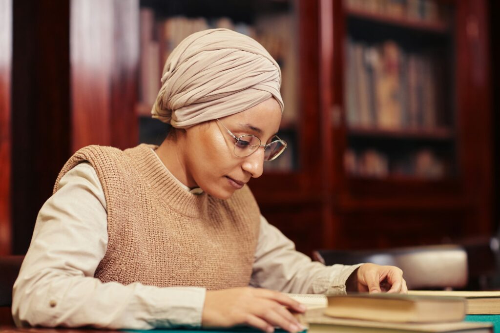 Muslim Woman in Cozy Library