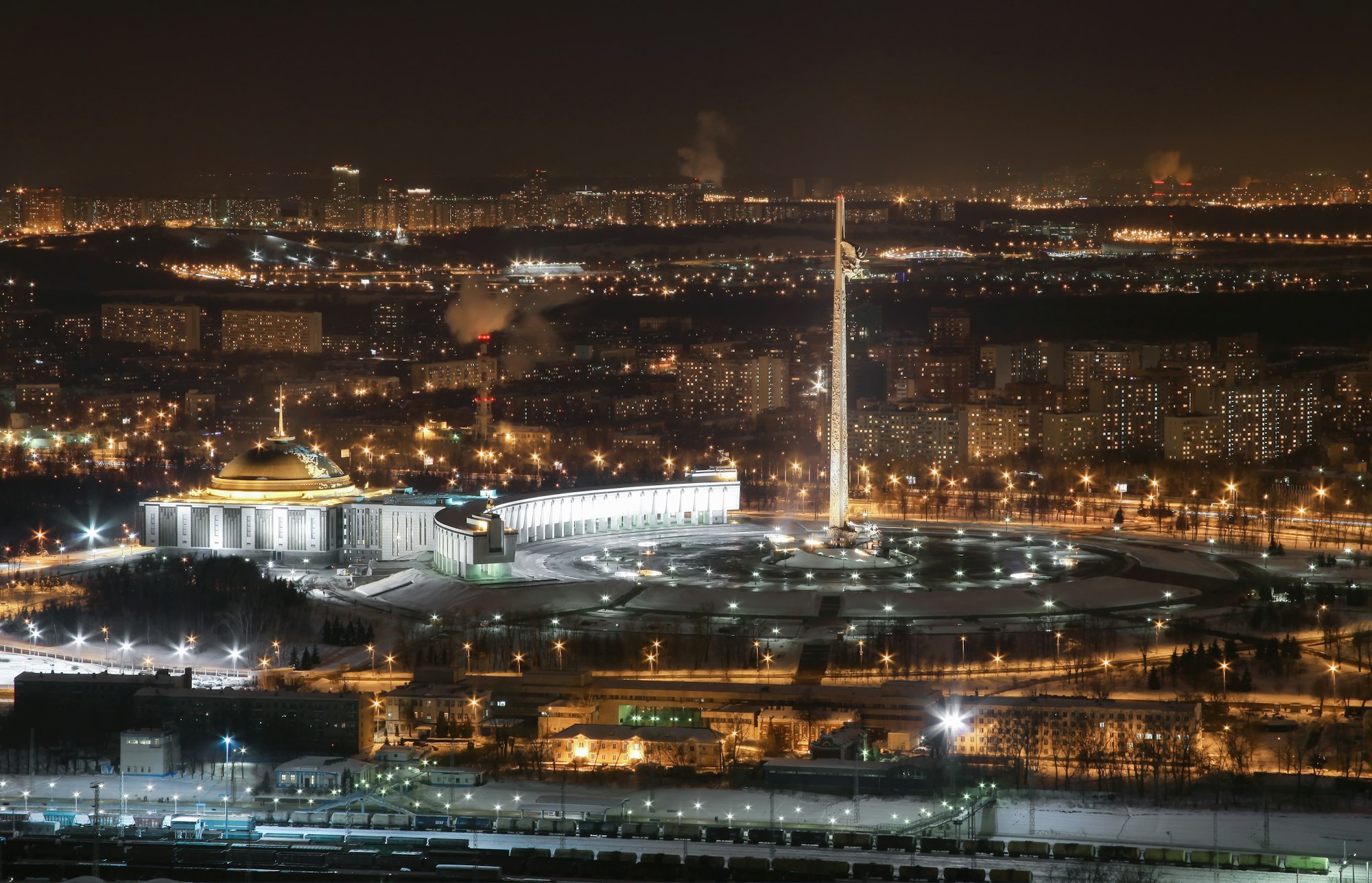 Panoramic view from the height Memorial complex of Victory Park Moscow at night