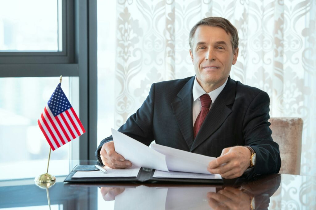 Photo realistic digital collage of successful American delegate or businessman