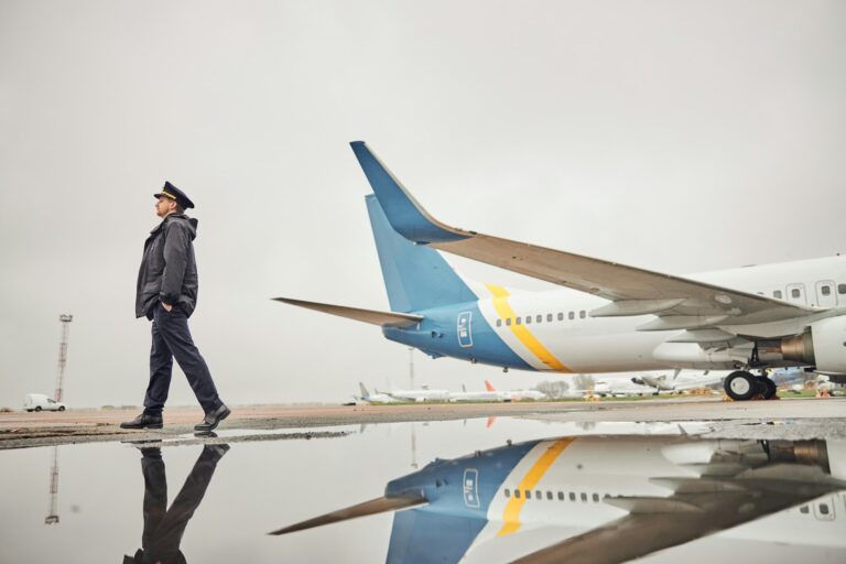 Portrait of happy confident caucasian airplane crew near plane