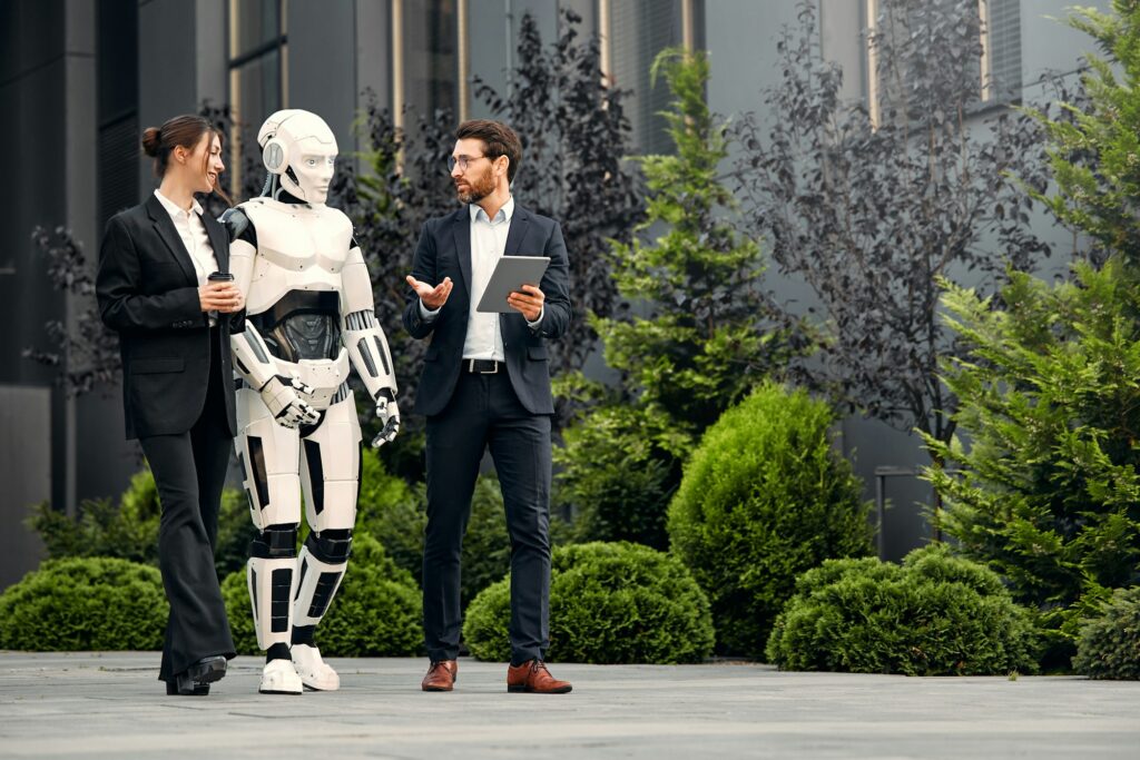 Robot with businessmen on the street near the building