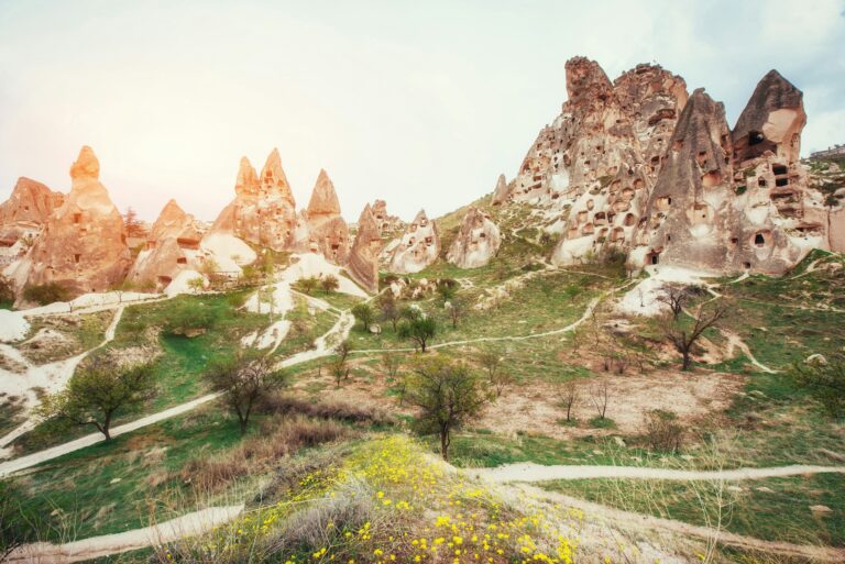 Unique geological formations in valley in Cappadocia, Central An