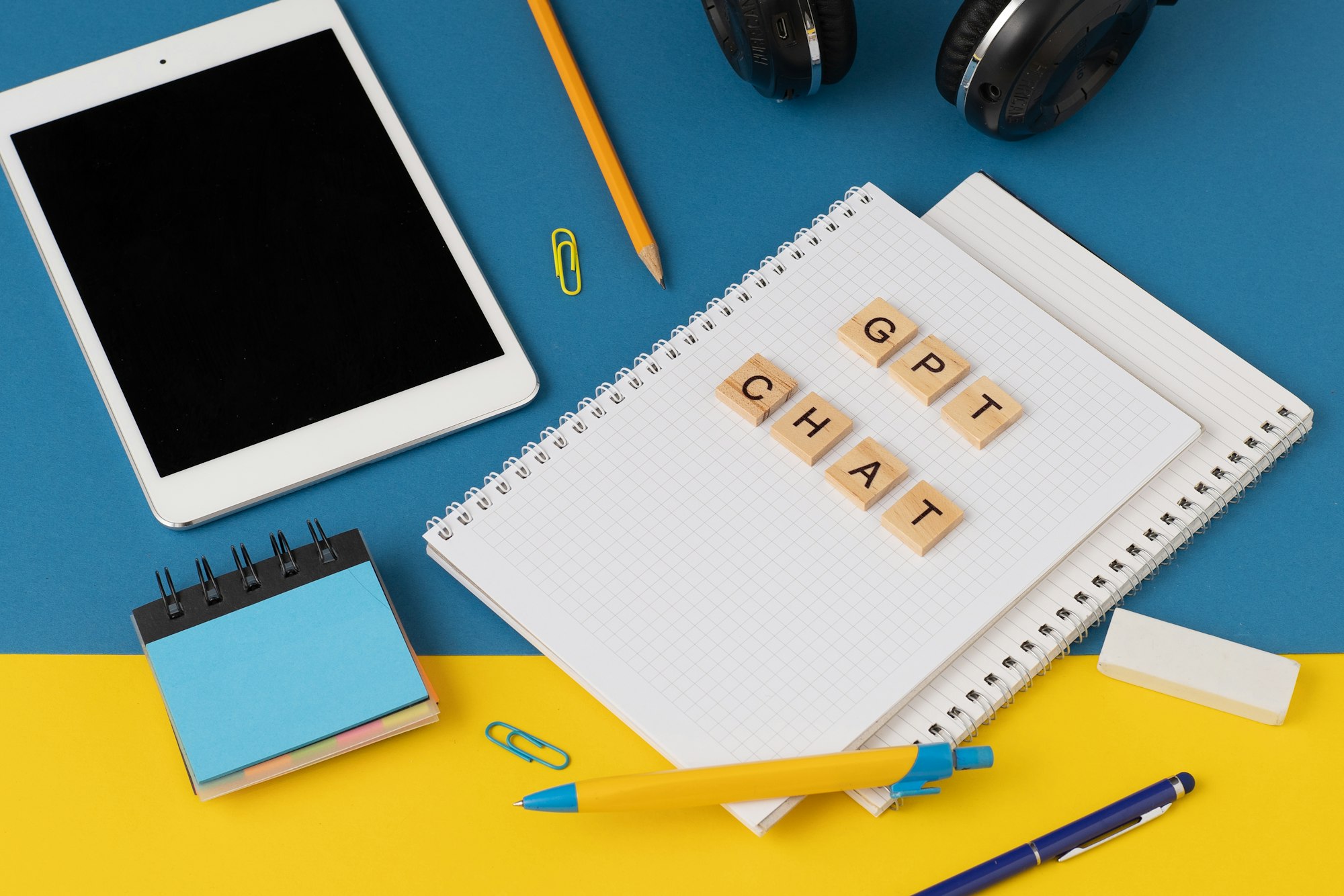 Work and study with the help of a chat bot. Words in wooden letters. Work table with open notebook.