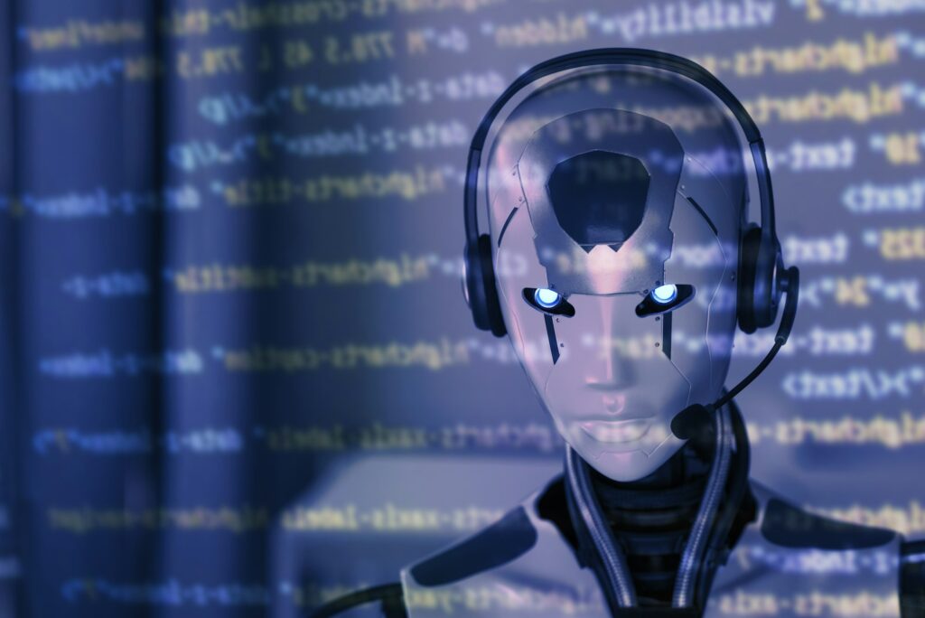 Ai robot checking code on the computer screen