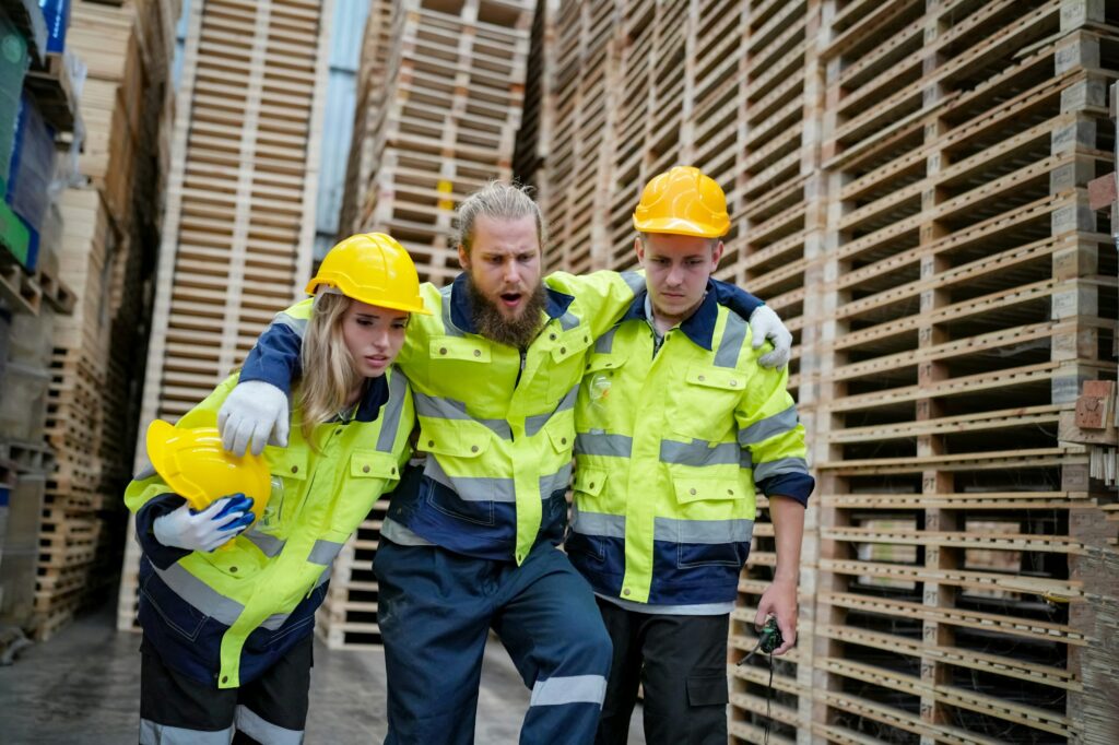 An accident in workplace. factory worker has accident.