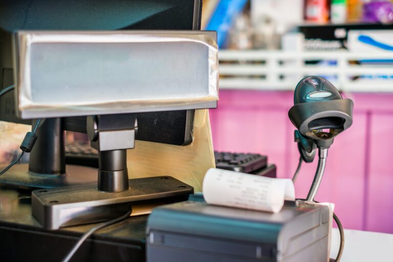 Counter cashier with manual scanner barcode and price label