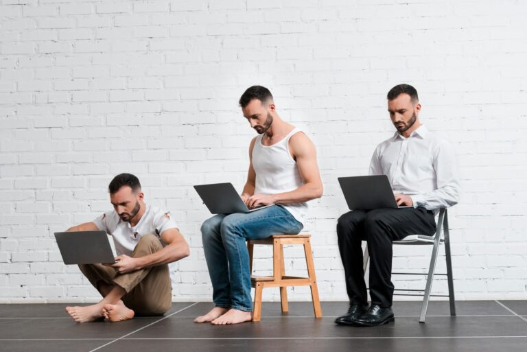 collage of bearded man using laptop near brick wall, evolution concept