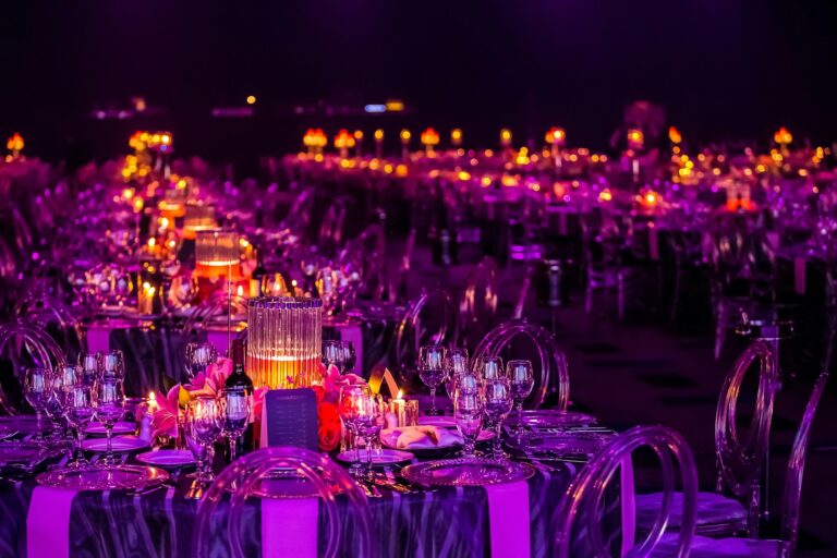 Gala dinner preparation, tables decorated with candles