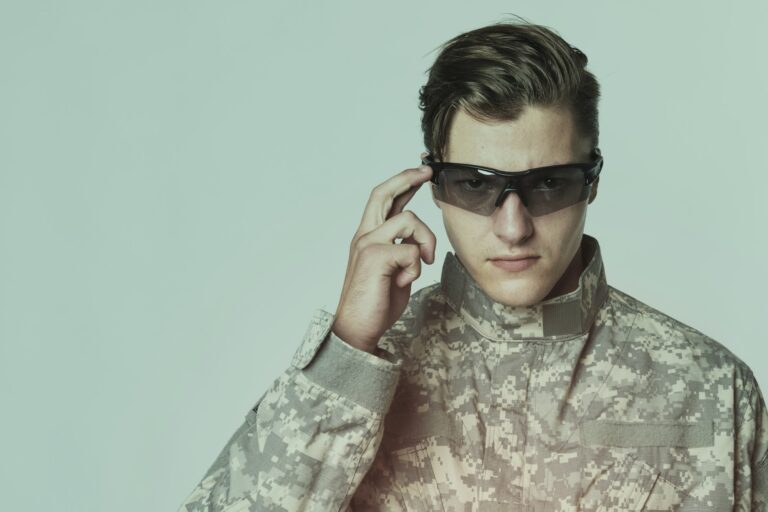 Military man wearing AR glasses futuristic technology