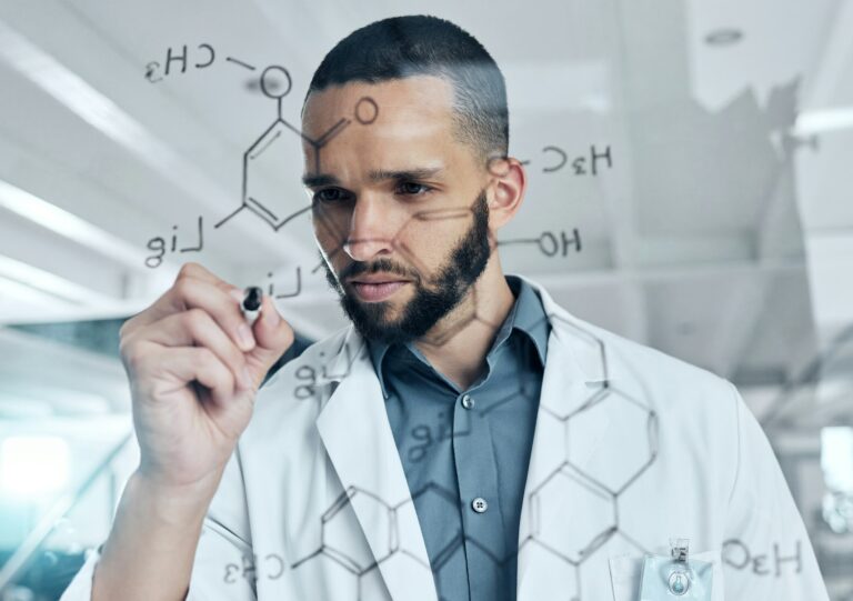 Science, glass board and man writing a chemistry equation, formula or algorithm for medical researc