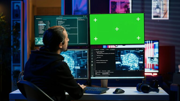 Hacker using green screen monitor and AI to write spyware