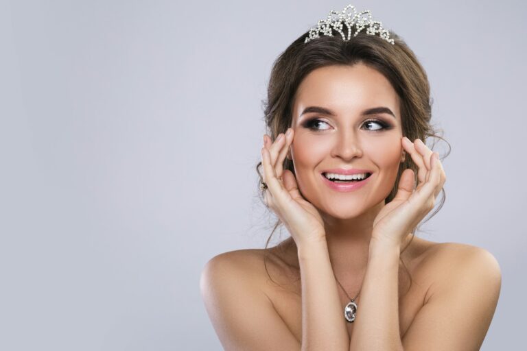 Portrait of young beautiful bride wearing diadem