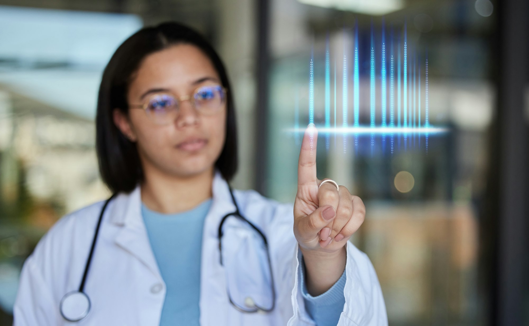 Woman doctor, data graphic and healthcare employee pointing to ai hospital stats and analytics. Cli