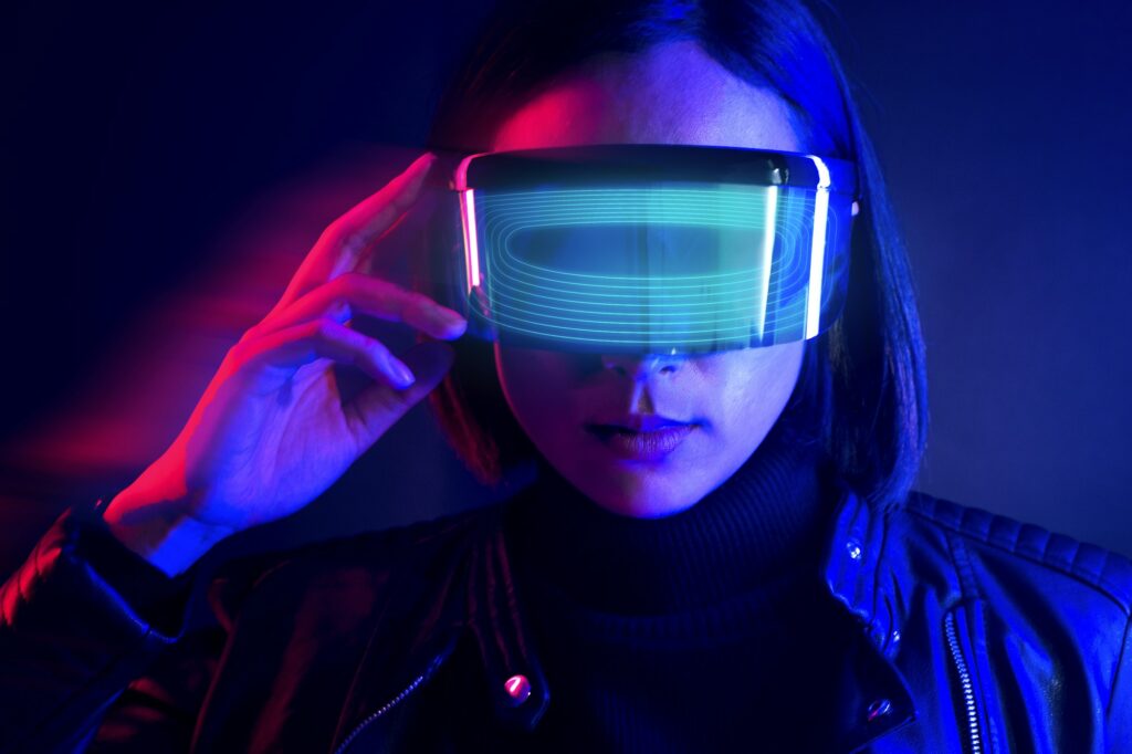 Woman in glasses augmented reality blue social media cover