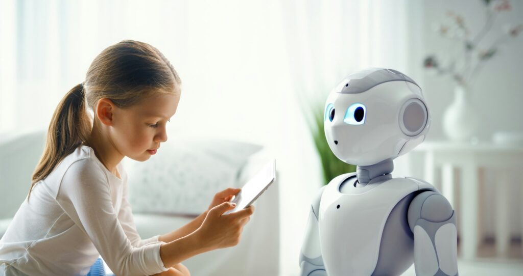 girl is playing with a robot