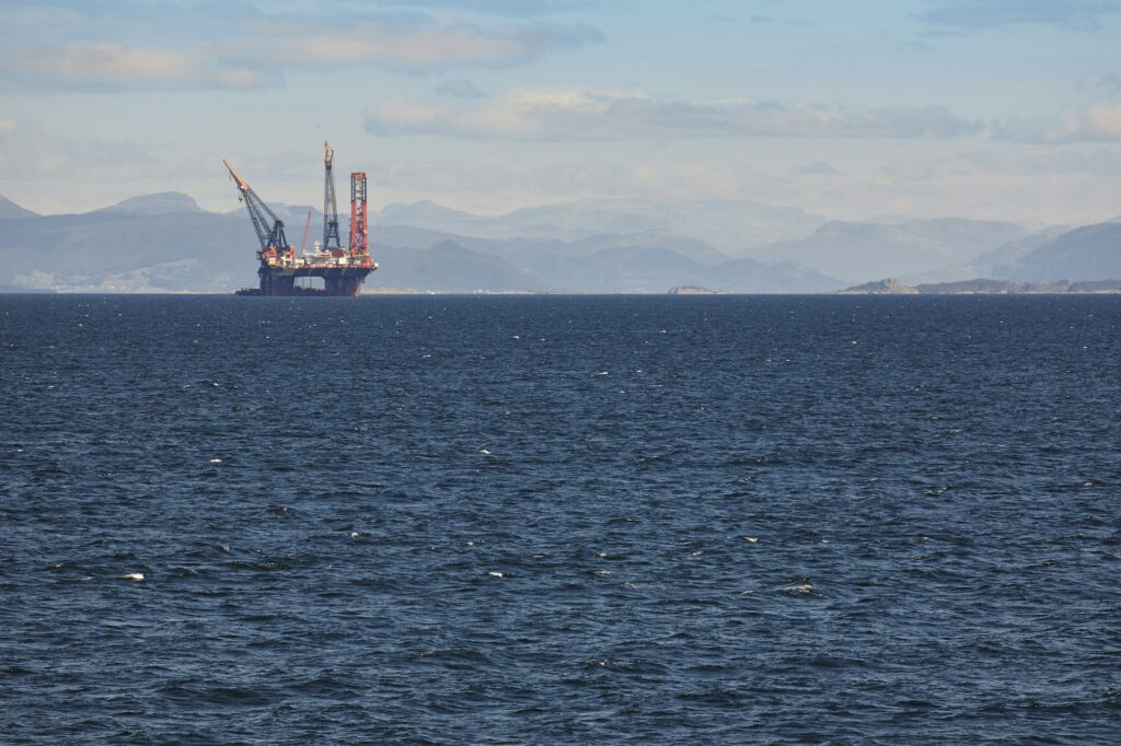 Oil and gas sea platform in Norway. Energy industry. Petroleum exploration