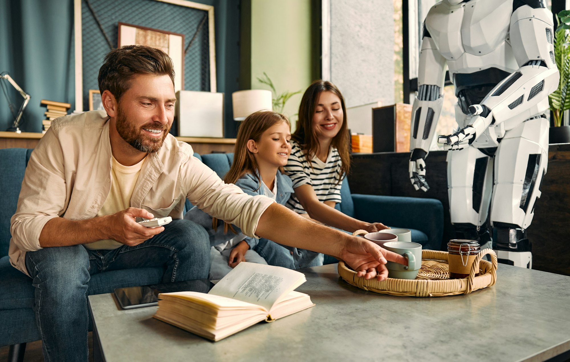 Robot with family at home